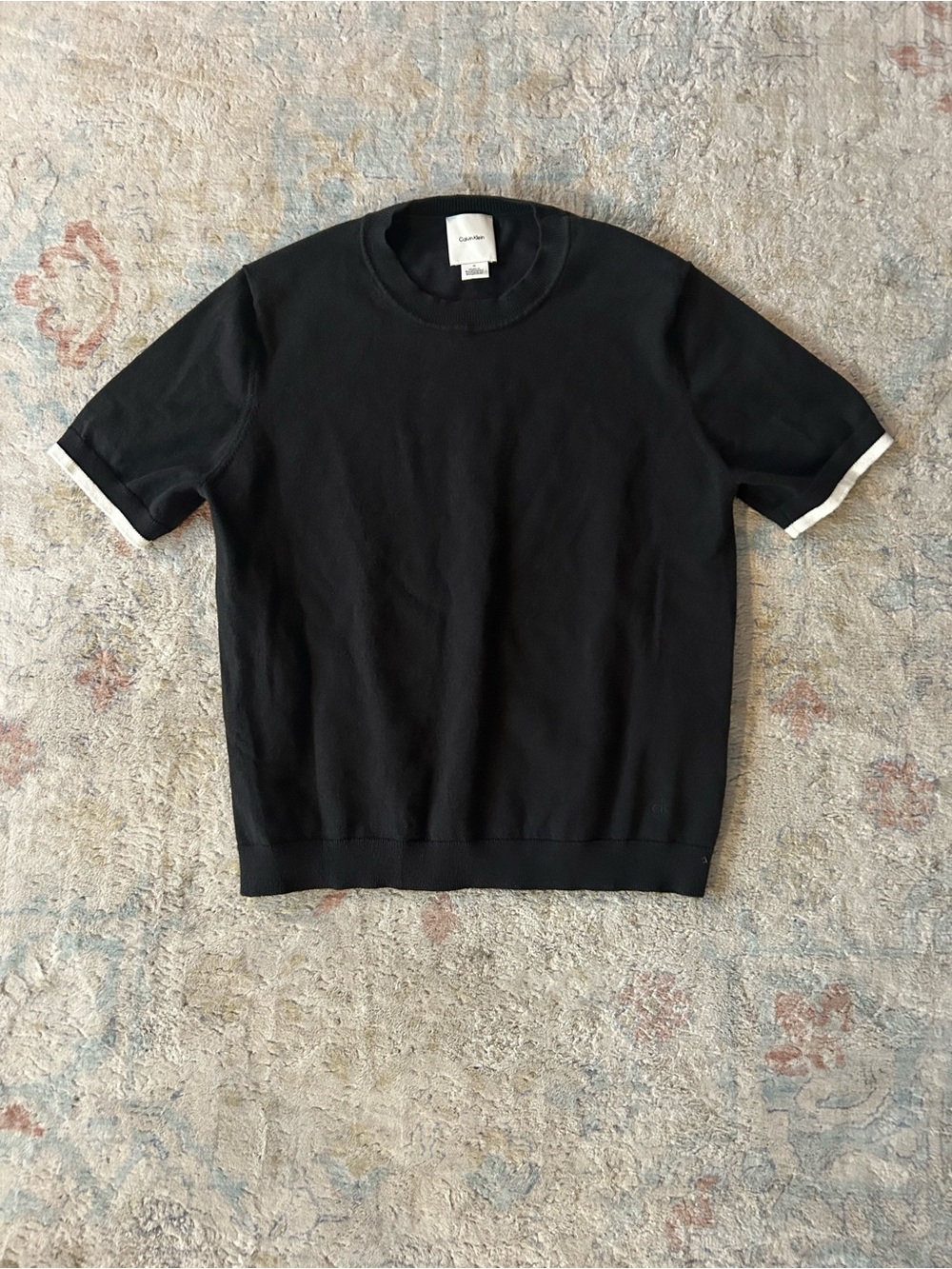 Calvin Klein Black Short-Sleeve Knit Tee with White Sleeve Trim